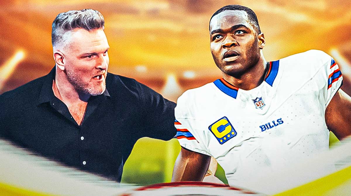 Pat McAfee looking surprised and Amari Cooper in a Buffalo Bills uniform as the Browns traded Cooper to the Bills in a lopsided trade.