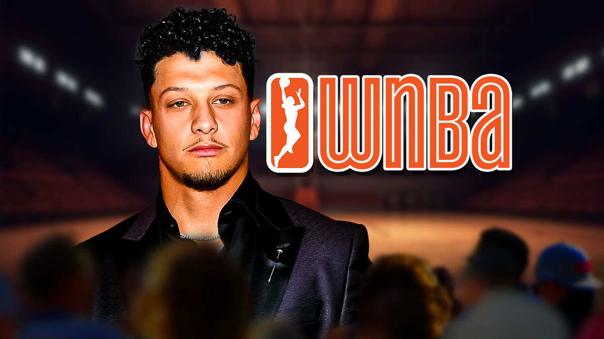 Patrick Mahomes in street clothes next to a WNBA logo