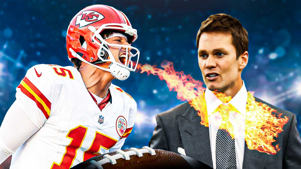 Patrick Mahomes on one side breathing fire, Tom Brady on the other side