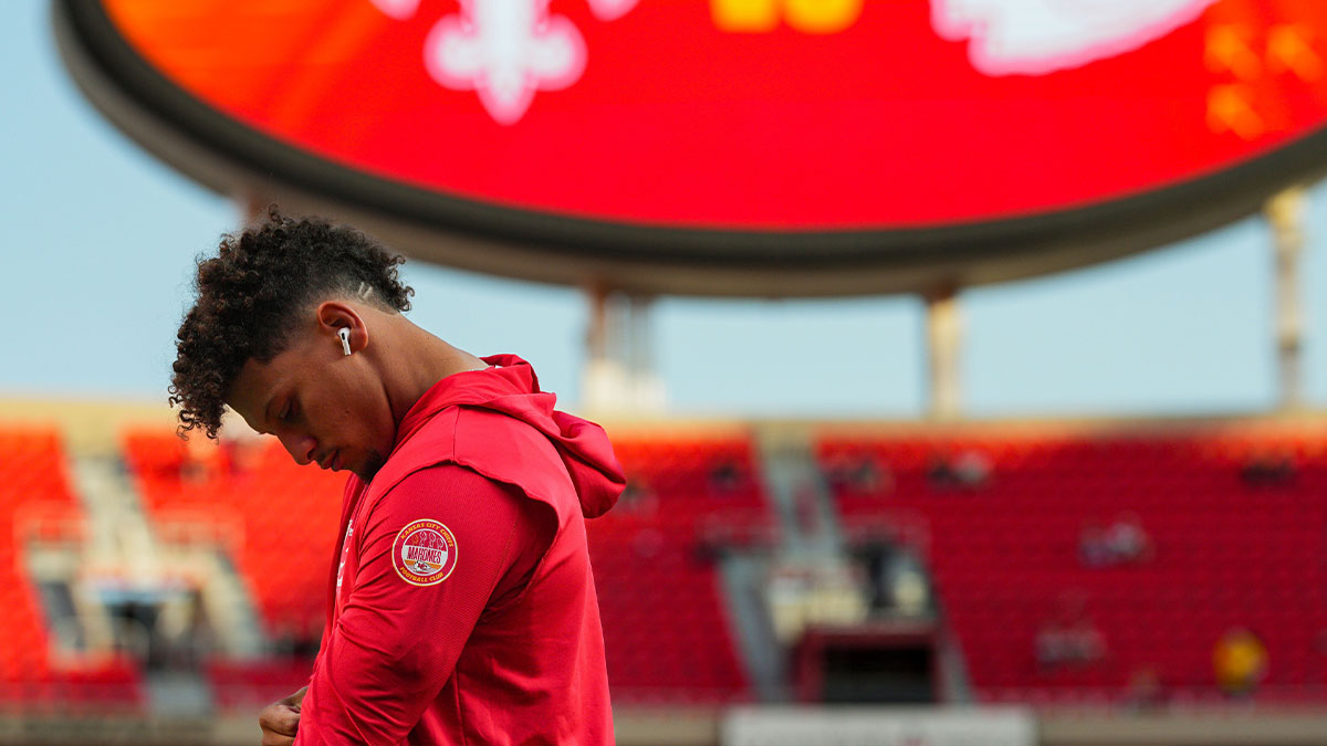 Kansas City Chiefs quarterback Patrick Mahomes (15) warms up prior to a game against the New Orleans Saints at GEHA Field at Arrowhead Stadium.