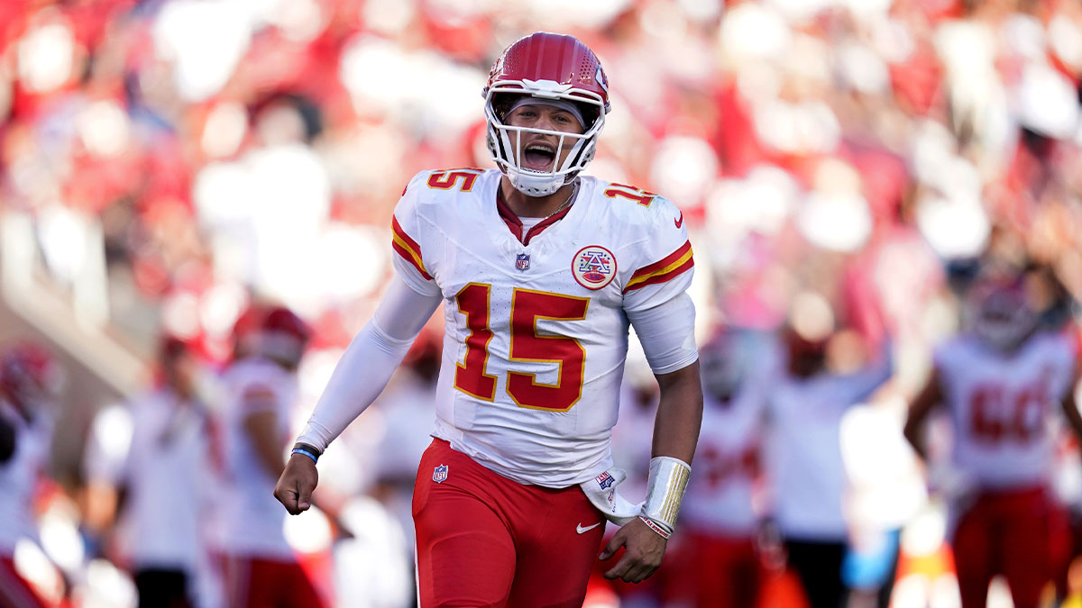Oct 20, 2024; Santa Clara, California, USA; Kansas City Chiefs quarterback Patrick Mahomes (15) reacts after the Chiefs scored a touchdown against the San Francisco 49ers in the fourth quarter at Levi's Stadium.