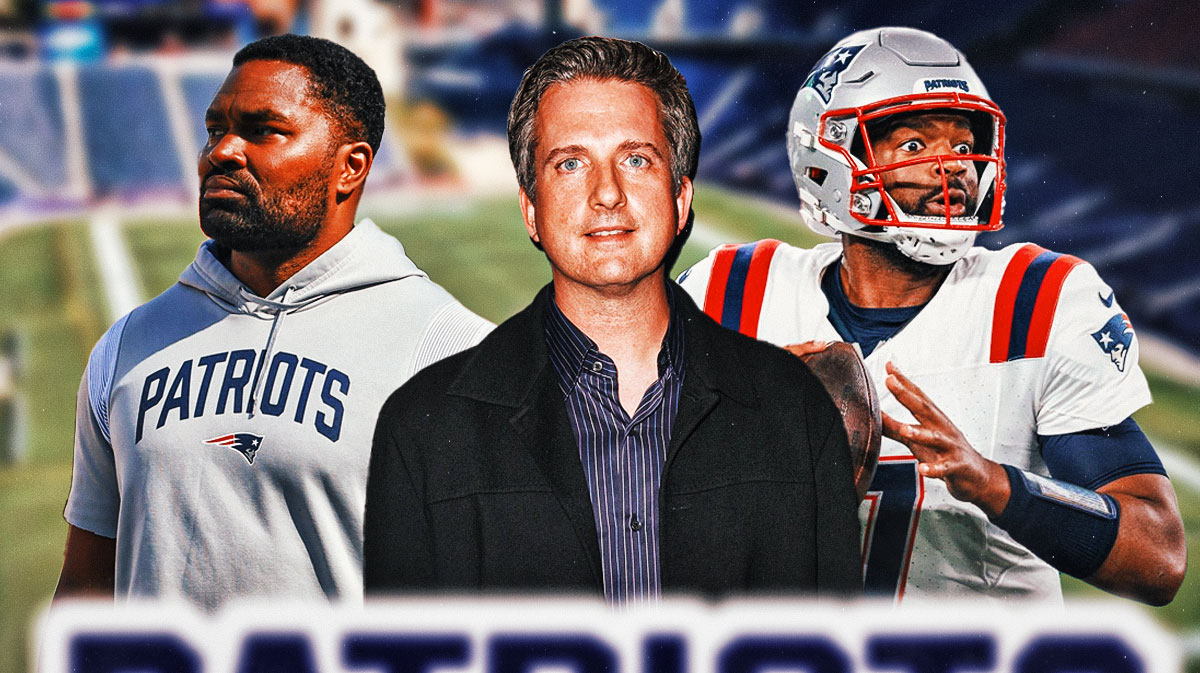 Bill Simmons in the middle with New England Patriots head coach Jerod Mayo and Jacoby Brissett on either side in front of Gillette Stadium.