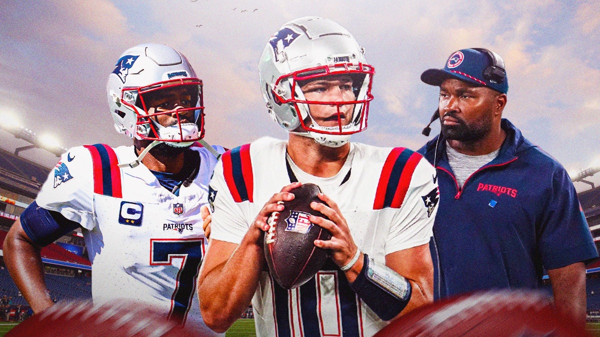 Drake Maye next to Jacoby Brissett and Jarod Mayo in front of a Patriots motif.