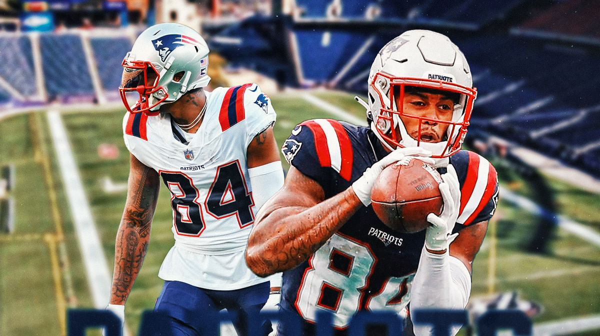Patriots Kendrick Bourne catching a football.