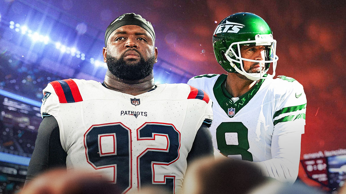 Patriots Davon Godchaux next to Jets' Aaron Rodgers