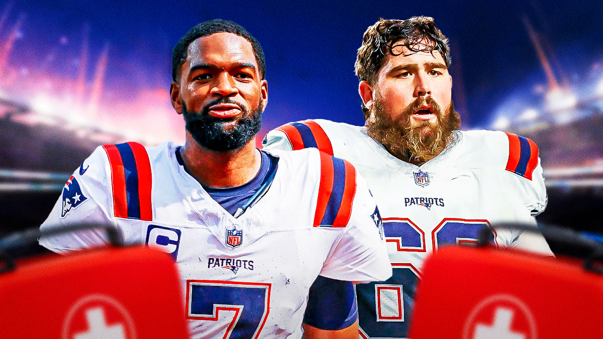 Jacoby Brissett in a Patriots jersey, and David Andrews in a Patriots jersey with a first aid kit next to him.
