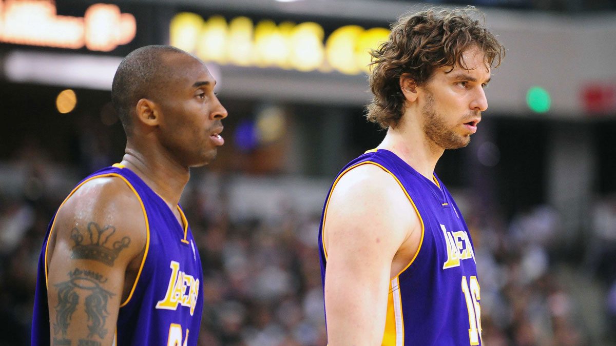 Los Angeles Lakers forward Pau Gasol (right) and guard Kobe Bryant (left) enter onto the floor during the fourth quarter against the Sacramento Kings at Arco Arena. The Lakers defeated the Kings 112-103 in double overtime.