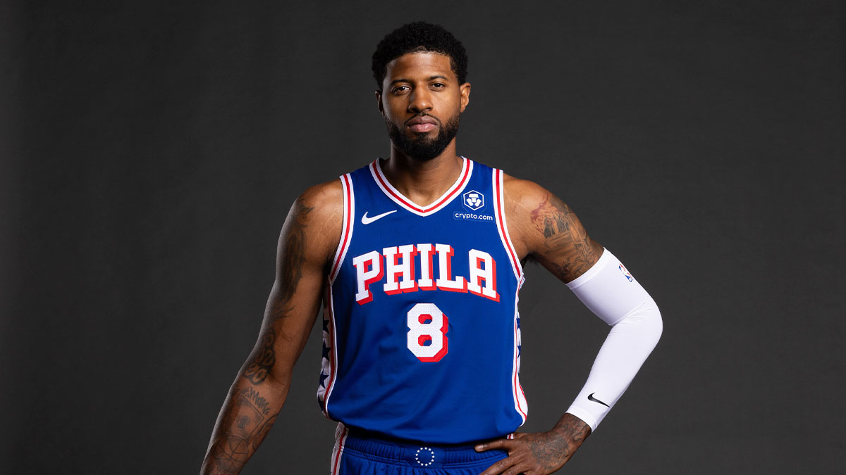 Philadelphia 76ers forward Paul George (8) poses for a photo on media day at the Philadelphia 76ers Training Complex.
