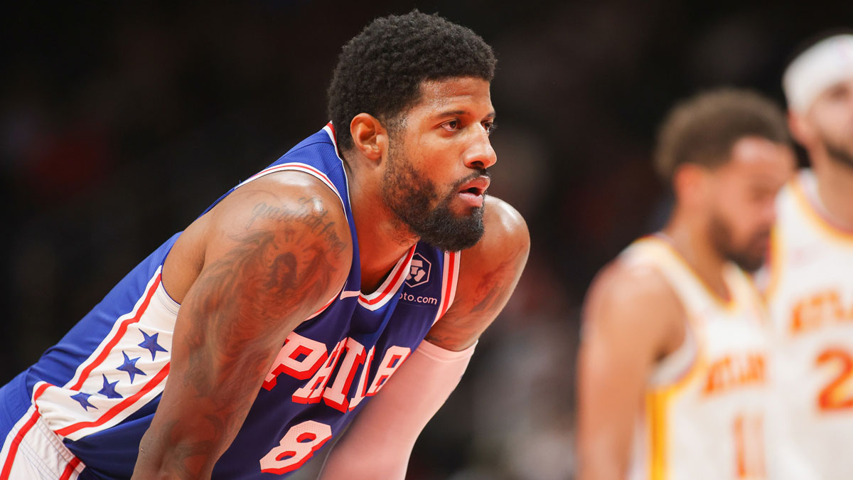 Philadelphia 76ers forward Paul George (8) plays against the Atlanta Hawks in the second quarter at State Farm Arena.