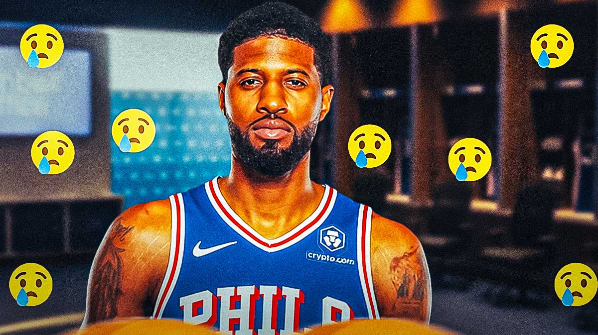A photo of Paul George with a background of an NBA locker room and tear emojis around him.