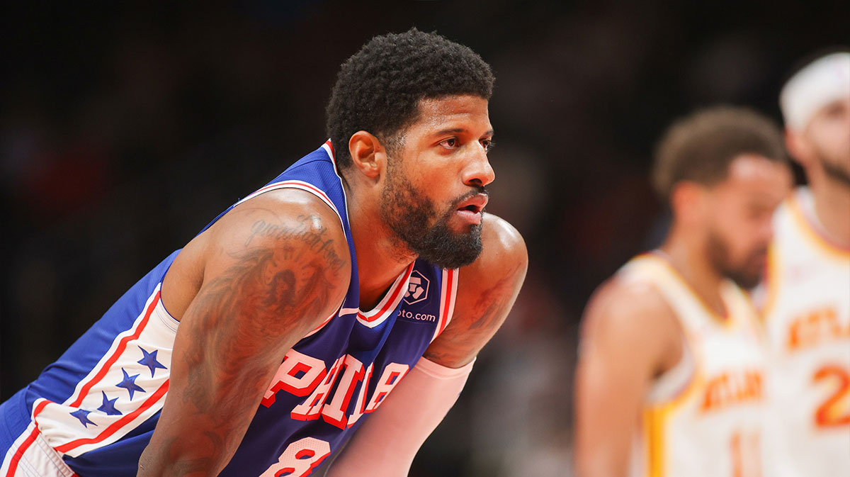 Philadelphia 76ers forward Paul George (8) in action against the Atlanta Hawks in the second quarter at State Farm Arena.