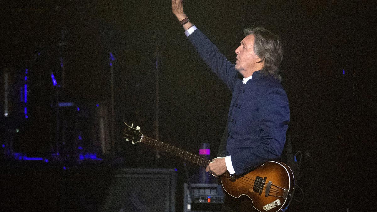 Paul McCartney waving to fans on Got Back Tour in 2022.