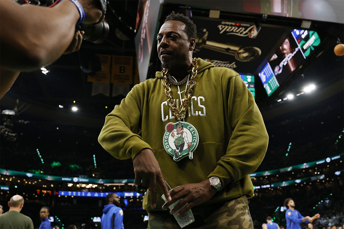 Boston Celtics former player Paul Pierce looks into a video camera on the court before game two of the 2024 NBA Finals between the Boston Celtics and the Dallas Mavericks at TD Garden.