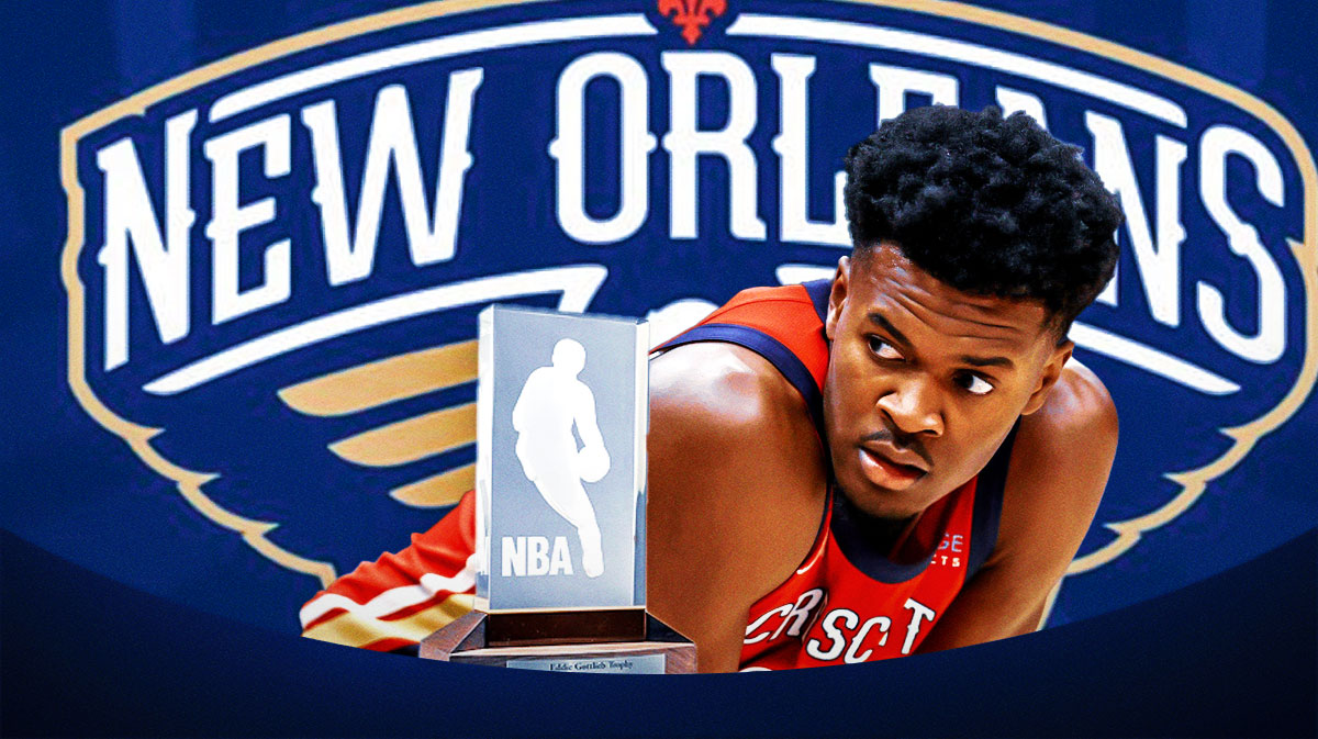 Yves Missi, the NBA Rookie of the Year trophy, and the Pelicans logo.