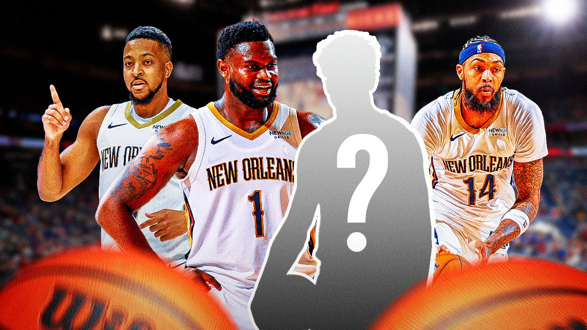 Pelicans Zion Williamson, CJ McCollum, Brandon Ingram, and a silhouette of Yves Missi with a question mark in it.