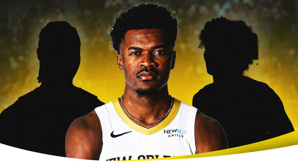 Yves Missi, a silhouette to tease the other player, and the Pelicans vs. Warriors logos.