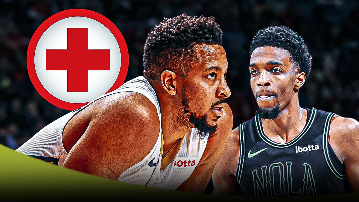 Image of CJ McCollum next to image of Herb Jones with medical cross emoji next to both of them
