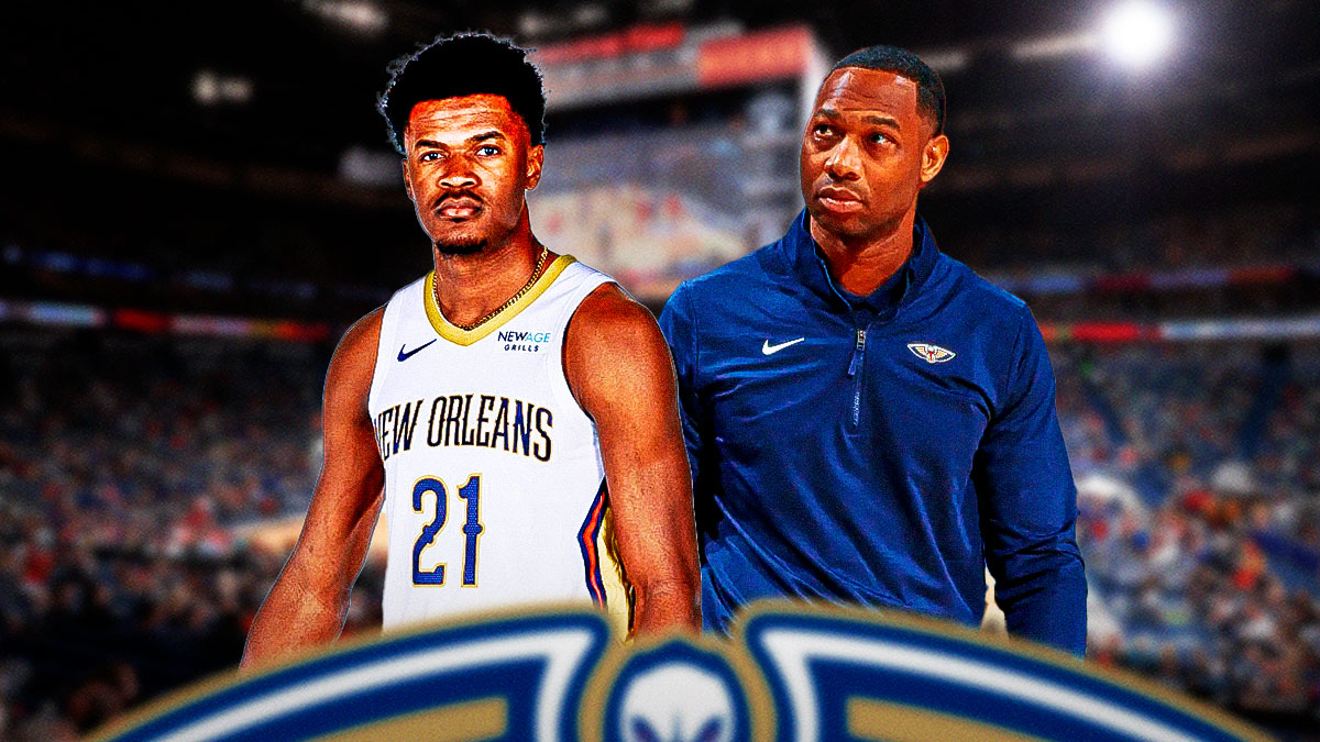 Yves Missi and Willie Green standing side by side featuring a Pelicans themed background.