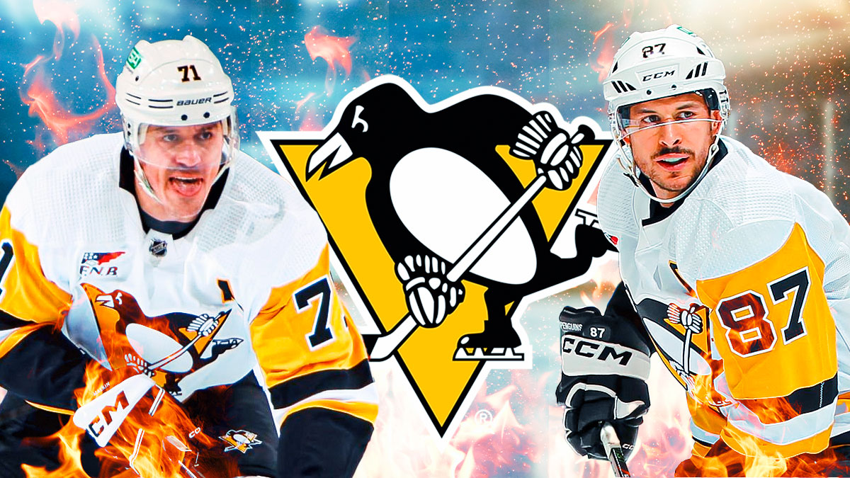 Evgeni Malkin and Sidney Crosby looking happy with fire around them, Pittsburgh Penguins logo middle, hockey rink in background
