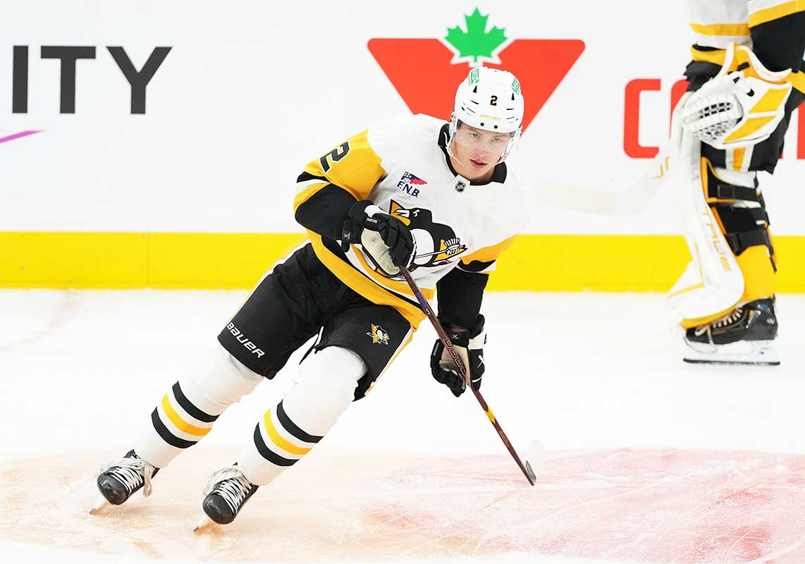 Penguins right wing Rutger McGroarty (2) skates during the warmup before a game against the Toronto Maple Leafs at Scotiabank Arena