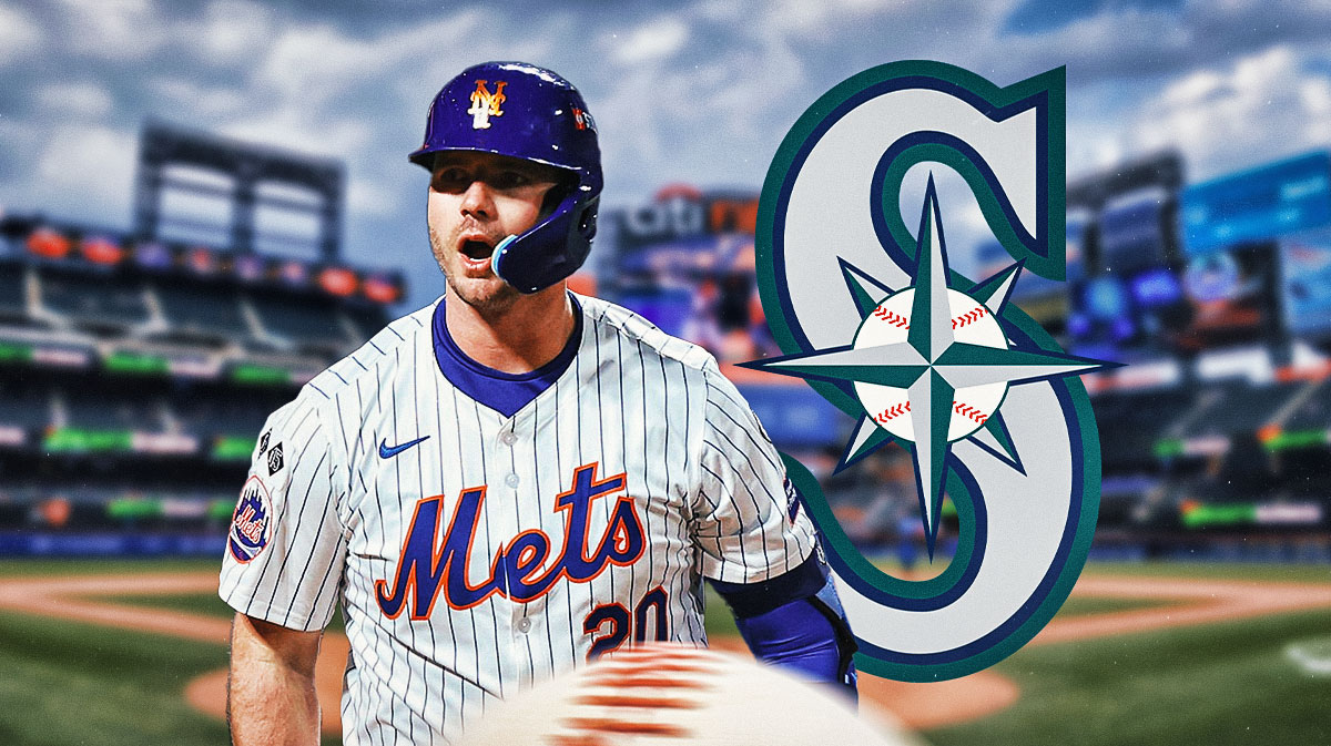 New York Mets first baseman Pete Alonso next to the Seattle Mariners logo