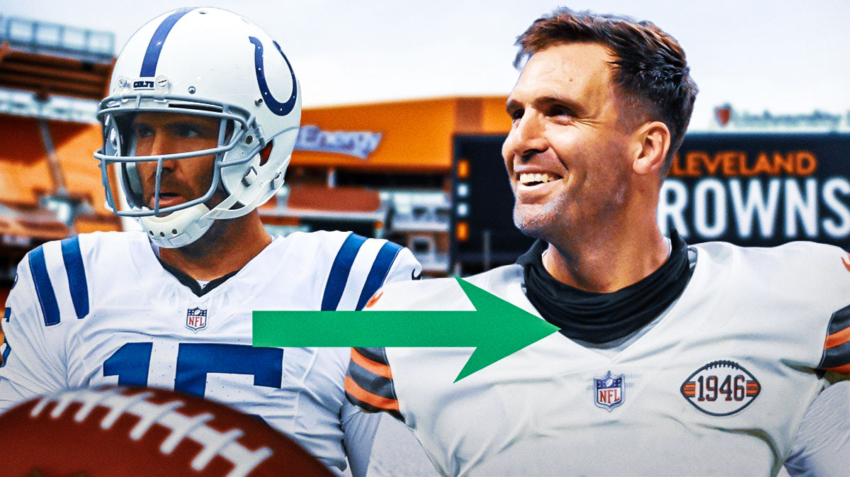 Joe Flacco on one side in an Indianapolis Colts uniform with an arrow pointing to Joe Flacco on the other side in a Cleveland Browns uniform, a bunch of shocked emojis in the background