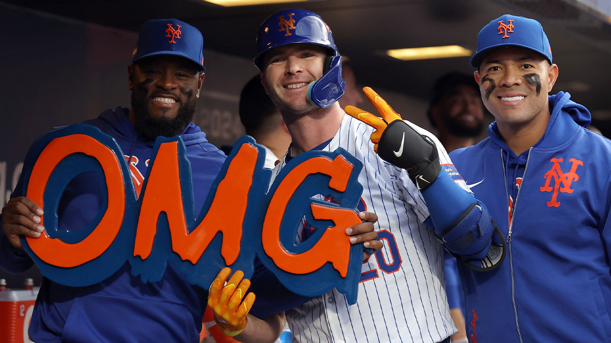 New York Mets first baseman Pete Alonso (20) celebrates in the dugout after hitting a solo home run with New York Mets pitcher Luis Severino (left) and pitcher Jose Quintana (right) in the second inning against the Philadelphia Phillies during game three of the NLDS for the 2024 MLB Playoffs at Citi Field.