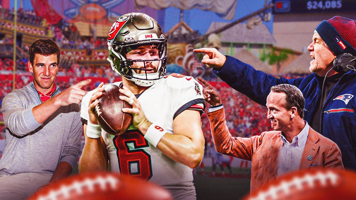 Peyton Manning, Eli Manning, and Bill Belichick all laughing and pointing at Tampa Bay Buccaneers quarterback Baker Mayfield.