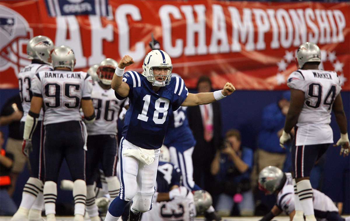 Jan 21, 2007; Indianapolis, IN, USA; Indianapolis Colts quarterback Peyton Manning reacts after the Colts score the game-winning touchdown during the 4th quarter of the AFC Championship game against the New England Patriots at the RCA Dome in Indianapolis, IN. 