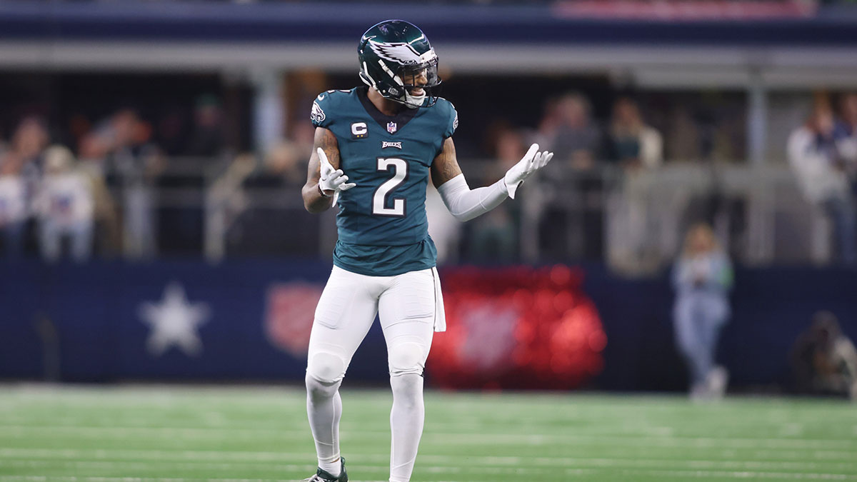Philadelphia Eagles cornerback Darius Slay (2) reacts after being called for pass interference against the Dallas Cowboys in the first quarter at AT&T Stadium.