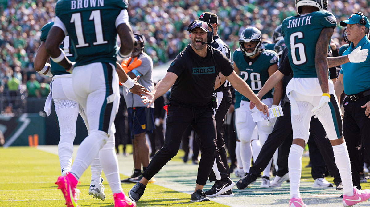 Philadelphia Eagles head coach Nick Sirianni reacts to the touchdown pass and catch of quarterback Jalen Hurts (1) and wide receiver A.J. Brown (11) during the second quarter against the Cleveland Browns at Lincoln Financial Field. 