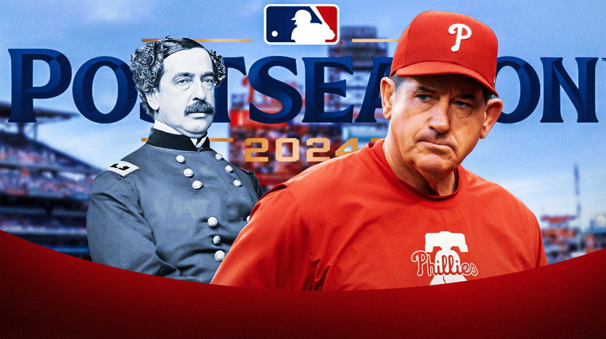 Philadelphia Phillies manager Rob Thompson, with a photo of Abner Doubleday next to him. Above, there should be the MLB Playoff logo.