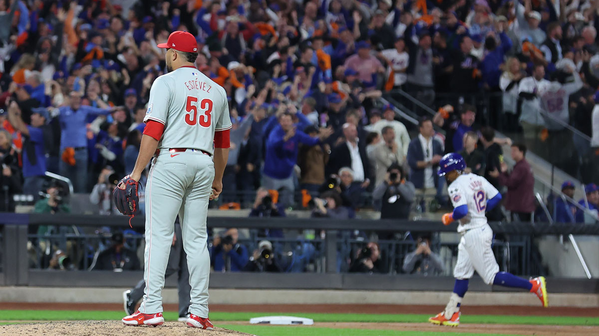 Philadelphia Phillies pitcher Carlos Estevez (53) reacts after giving up a grand slam to New York Mets shortstop Francisco Lindor (12) in the sixth inning in game four of the NLDS for the 2024 MLB Playoffs at Citi Field.
