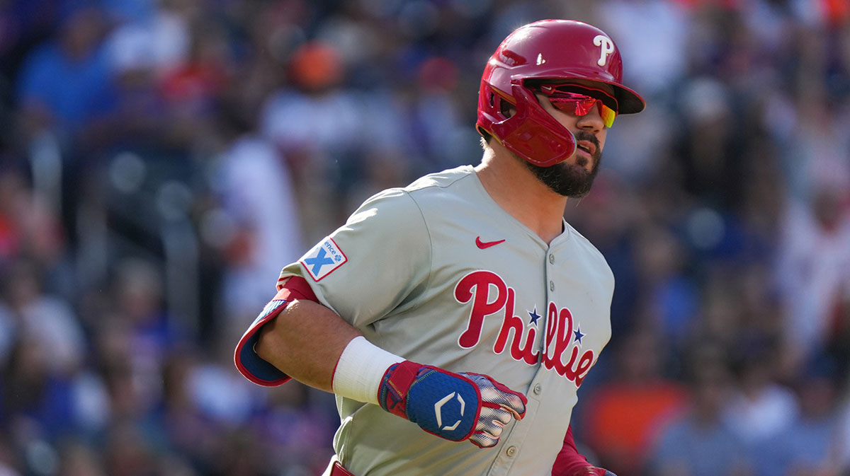 Philadelphia Phillies designated hitter Kyle Schwarber (12) rounds the bases after hitting a home run during the first inning against the New York Mets at Citi Field.