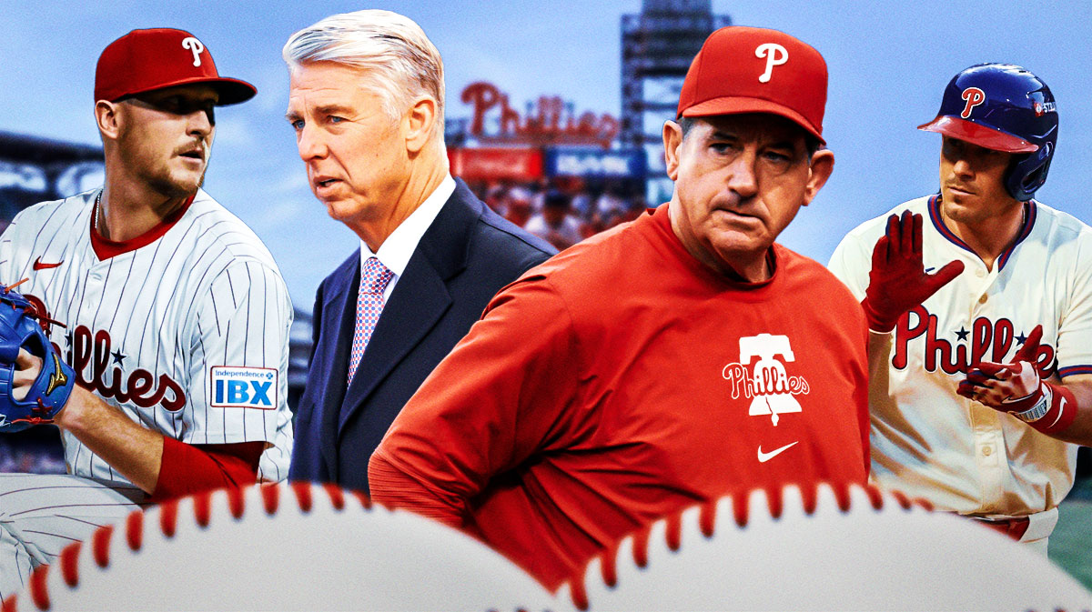 Philadelphia Phillies manager Rob Thomson, and Dave Dombrowski in the middle - Phillies players J.T Realmuto and Jeff Hoffman on either side