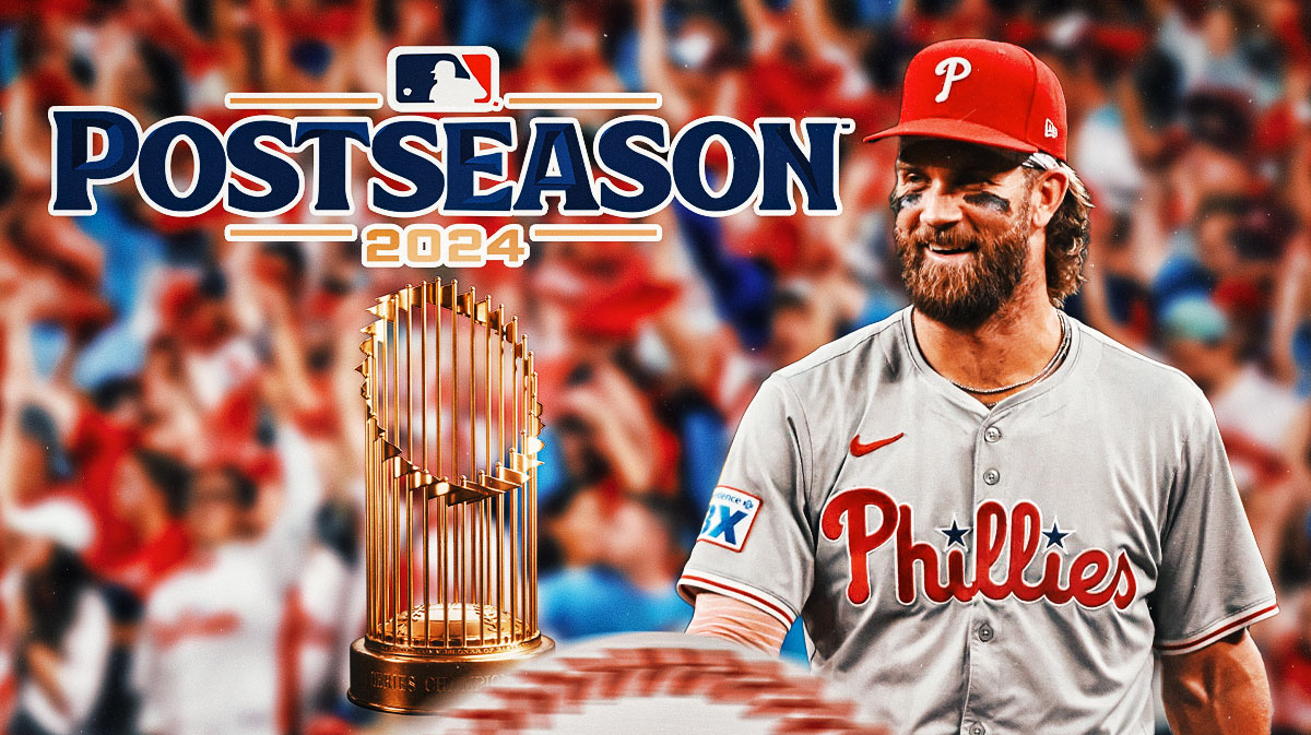 Philadelphia Phillies player Bryce Harper smiling with hearts in his eyes - Phillies fans cheering in background - 2024 MLB postseason logo & World Series trophy