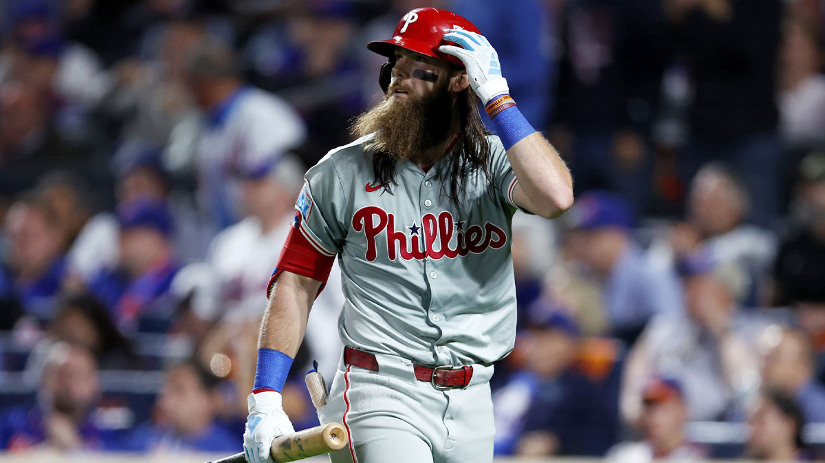 Philadelphia Phillies outfielder Brandon Marsh (16) reacts to striking out in the eighth inning against the New York Mets during game three of the NLDS for the 2024 MLB Playoffs at Citi Field.