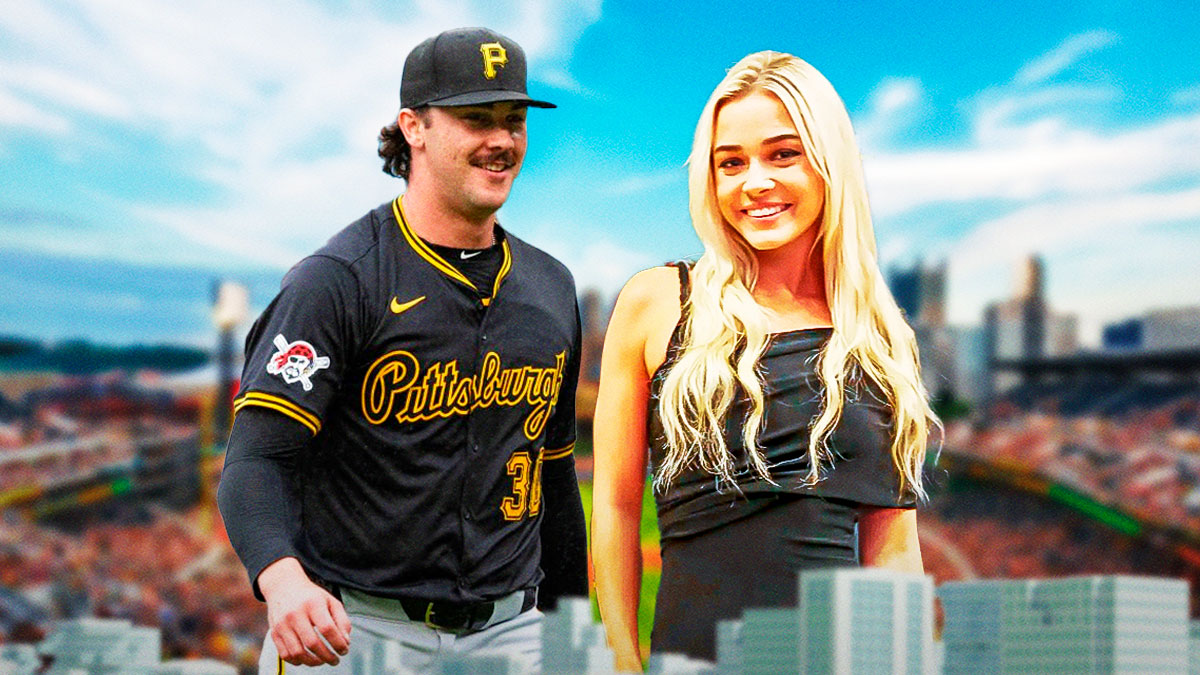 Paul Skenes in a Pittsburgh Pirates uniform and Olivia Dunne as Skenes gifted Dunne a baseball card featuring the couple's dog after a historic record breaking rookie year for the pirates.