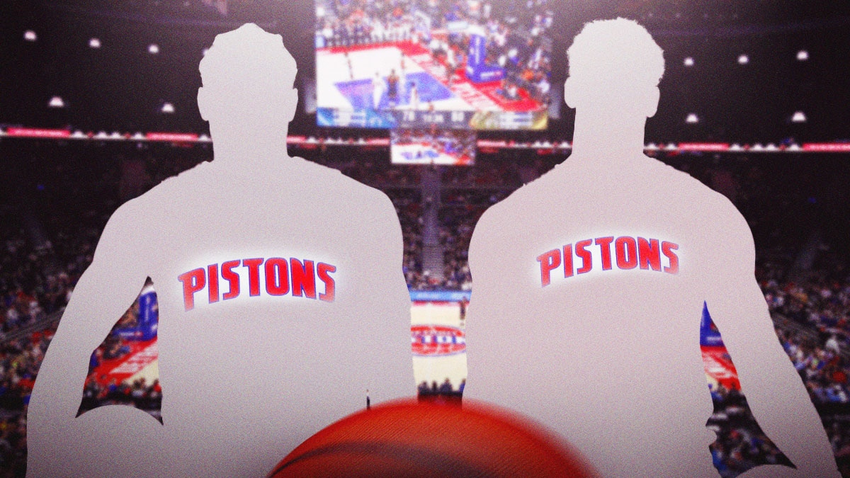 Two shadowy players in Detroit Pistons jerseys with the Detroit Pistons arena in the background, two-way contract roster moves season
