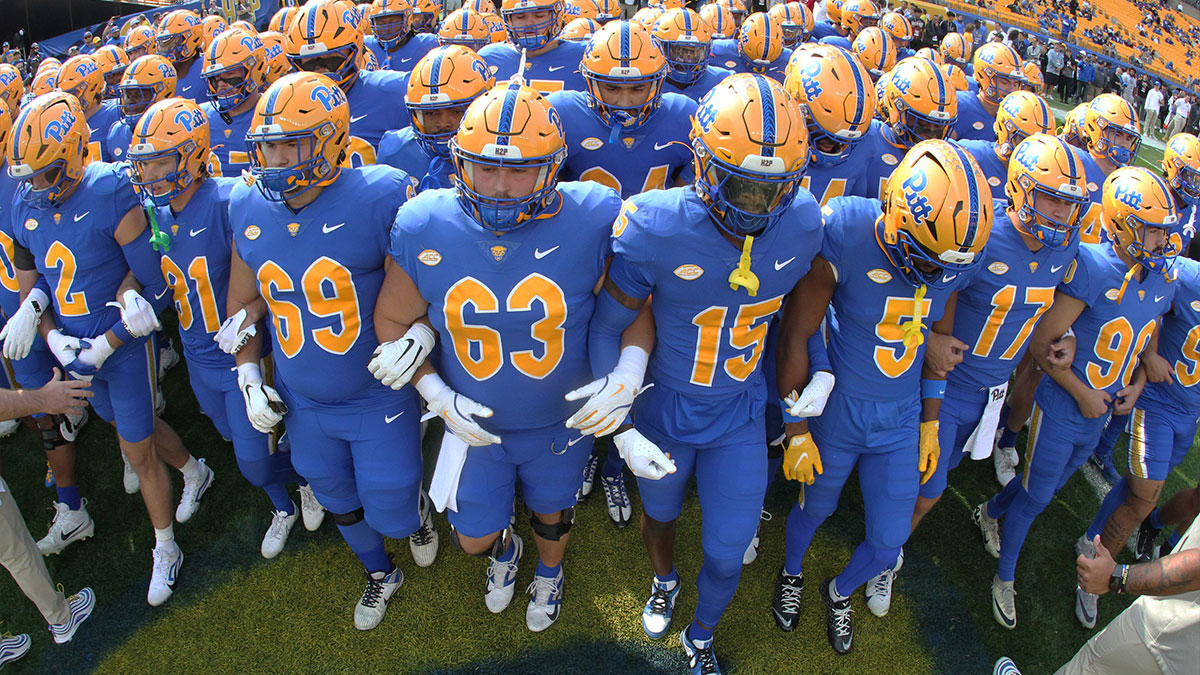 Oct 12, 2024; Pittsburgh, Pennsylvania, USA; The Pittsburgh Panthers take the field to warm up before playing the California Golden Bears at Acrisure Stadium.