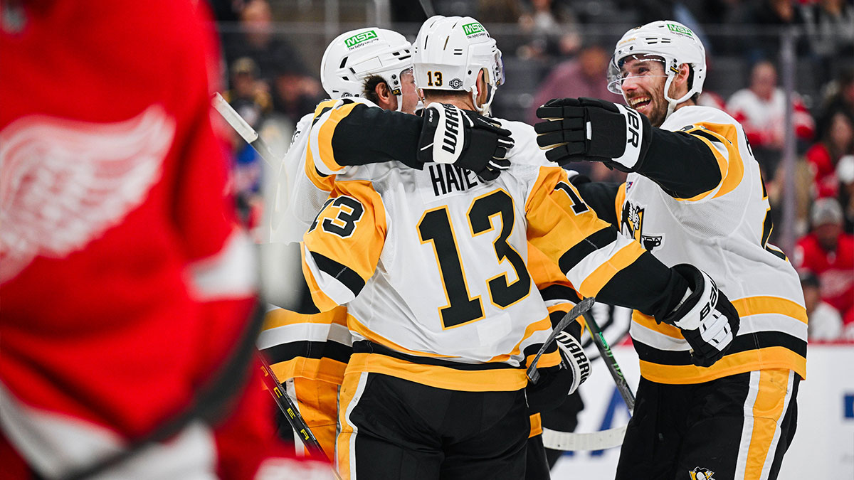 Pittsburgh Penguins right wing Kevin Hayes (13) celebrates his goal with teammates during the third period against the Detroit Red Wings at Little Caesars Arena.