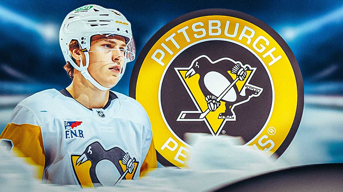 Penguins right wing Rutger McGroarty next to the Penguins logo with the home ice in the background