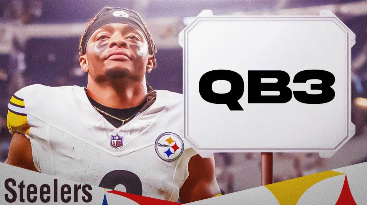 Steelers' Justin Fields next to a big sign that says QB3