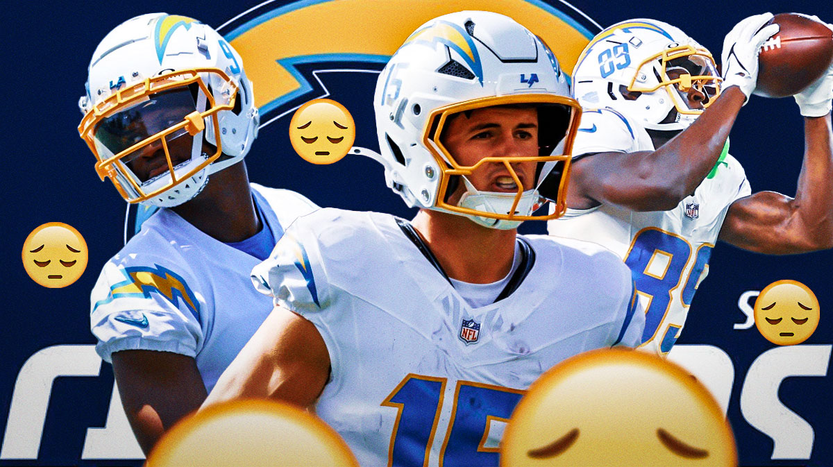 Los Angeles Chargers WRs Ladd McConkey, DJ Chark, and Jalen Reagor. They are surrounded by pensive emojis (😔). There is also a logo for the Los Angeles Chargers.