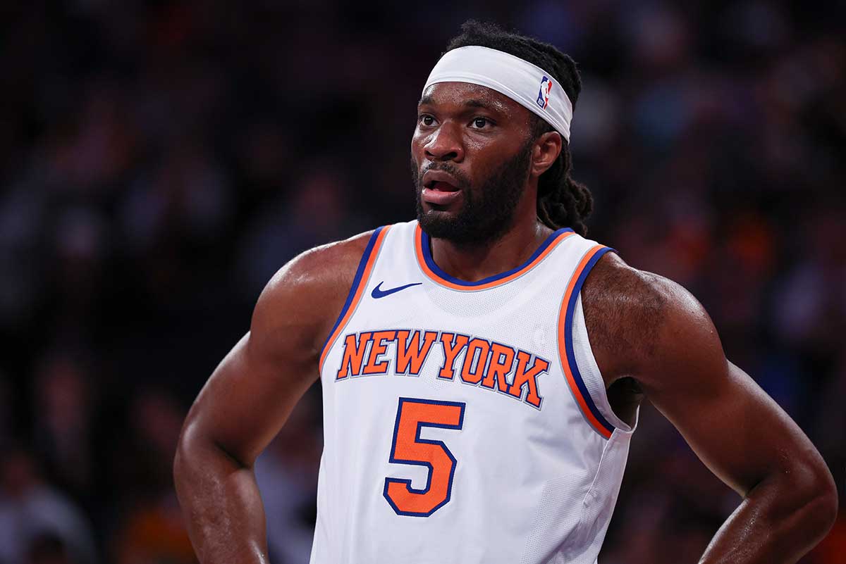 New York Knicks forward Precious Achiuwa (5) looks on during the first half against the Minnesota Timberwolves at Madison Square Garden.