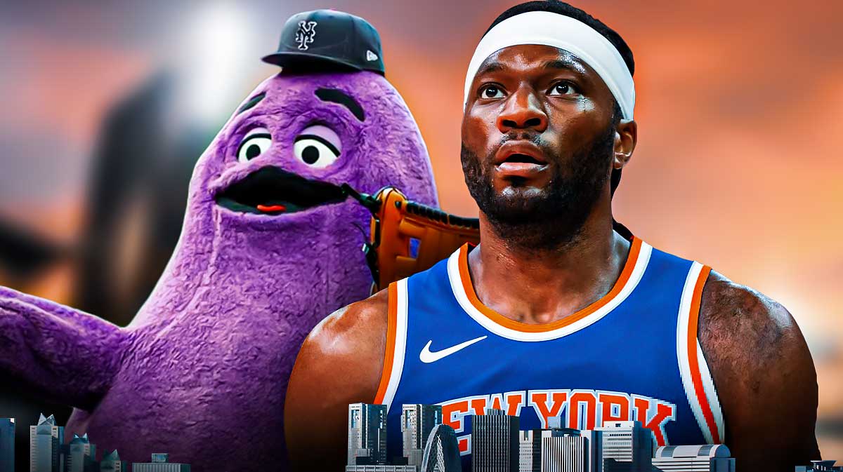 Precious Achiuwa next to Grimace featuring a Mets-themed BG.
