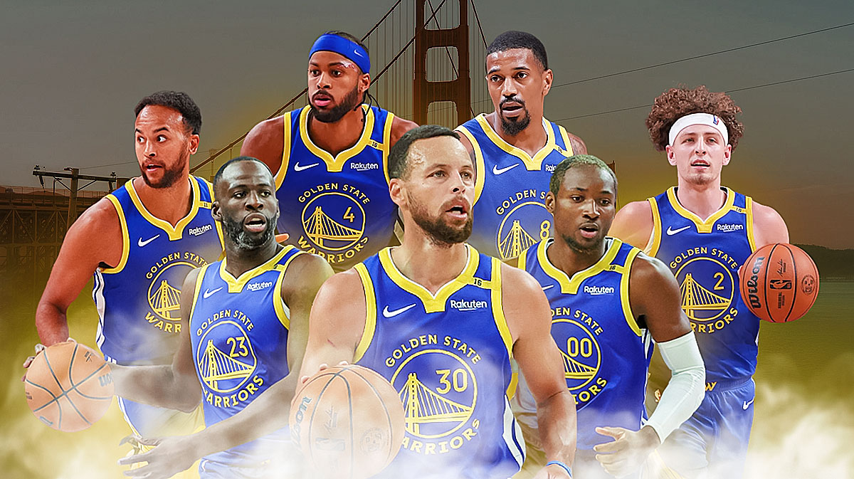 Warriors' Stephen Curry with Draymond Green, Jonathan Kuminga, Kyle Anderson, Brandin Podziemski, Moses Moody and De'Anthony Melton