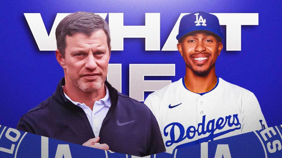 Andrew Friedman beside Francisco Lindor wearing Dodgers gears with big "WHAT IF" in the background.