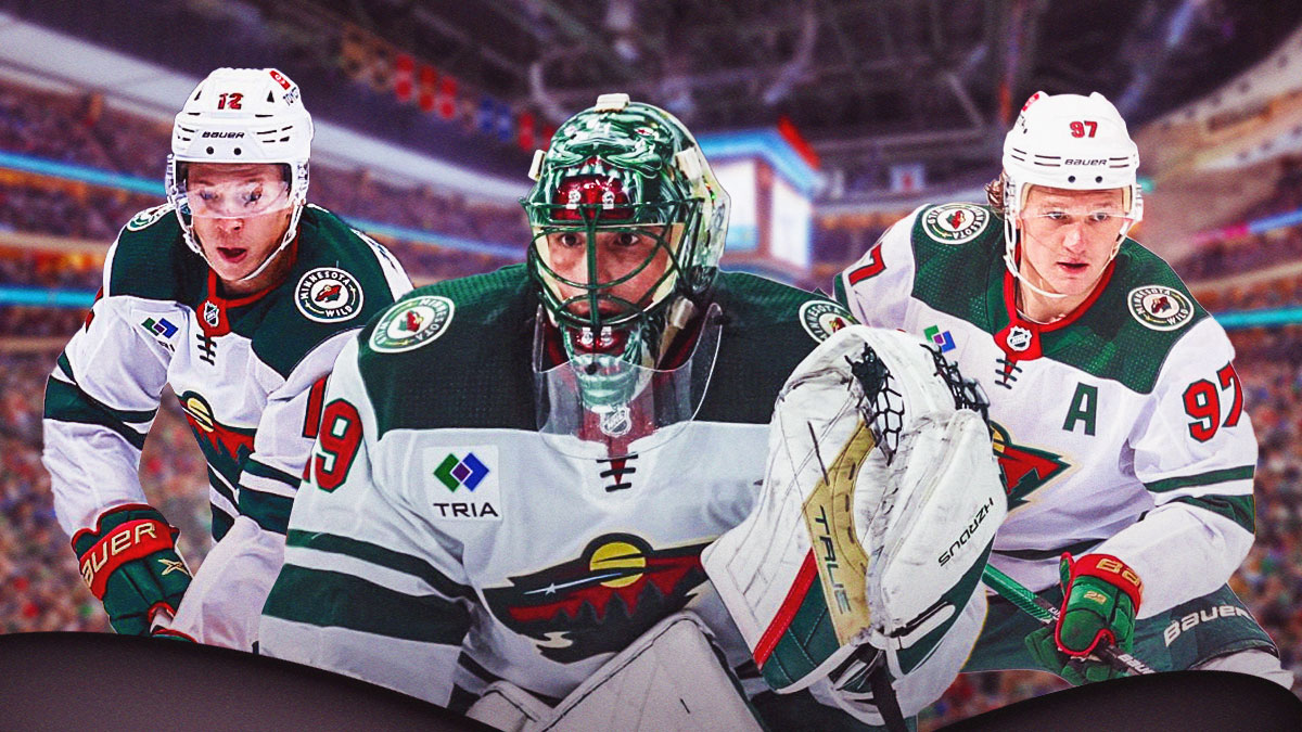 Minnesota Wild players Kirill Kaprizov, Marc-Andre Fleury, Joel Eriksson-Ek inside XCel Energy Center