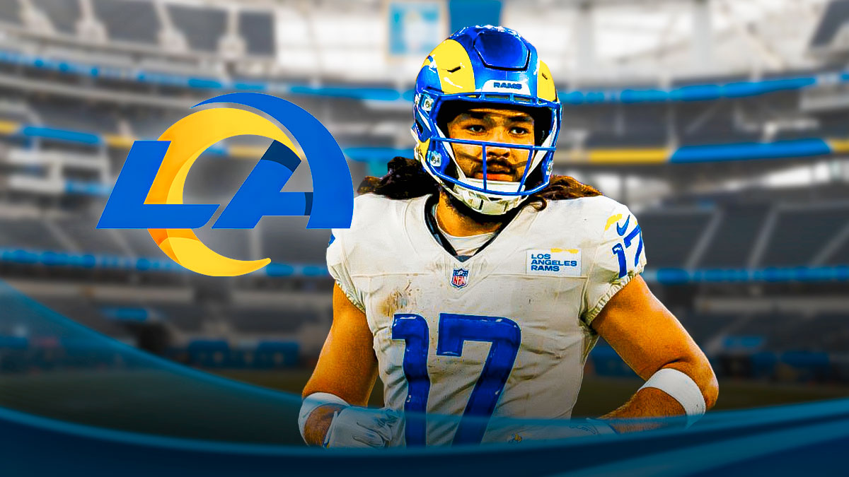 Puka Nacua beside Rams logo